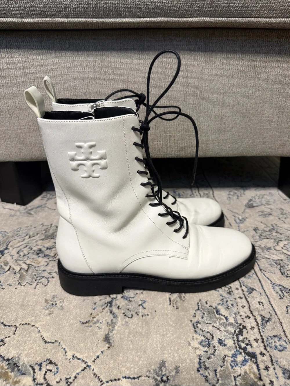 Tory Burch Double-T Combat Boot White Leather